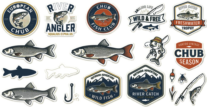 Vintage European Chub Fishing Sticker and Badge Set with Retro Freshwater Fish Icons for Outdoor Adventure Brands Apparel and Angling Clubs