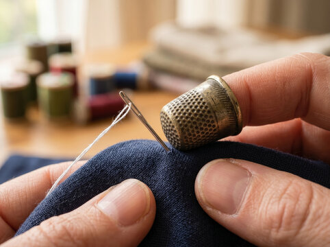 Tailor hand using vintage metal thimble for precision hand sewing fabric
