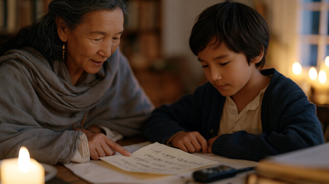 Bilingual family at a dining table where a grandmother teaches traditional song lyrics in her native language to her grandson, handwritten phonetic notes on a paper napkin between