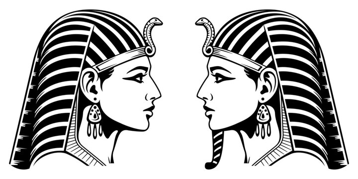 Egyptian Woman Pharaoh. Profile portrait with and without ceremonial beard. Black and white vector cliparts.