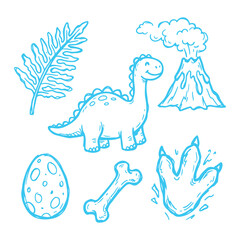 Dinosaur doodle set with brontosaurus volcano egg bone and footprint vector illustrations for prehistoric themed design © Euzir