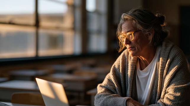 Rural elementary teacher attending teacher professional development webinar on personal laptop in empty classroom after dismissal, golden hour light streaming through dusty