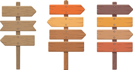 Rustic wooden, directional signpost set, empty arrow shaped boards on timber poles for custom text wayfinding outdoor signage and navigation design. © Miah