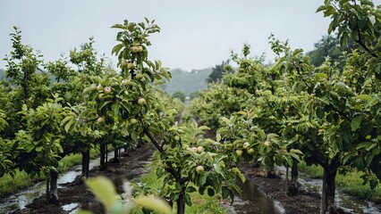Fototapeta premium Apple Orchard with Mature Trees Bearing Fruit in Rows on a Cloudy Day