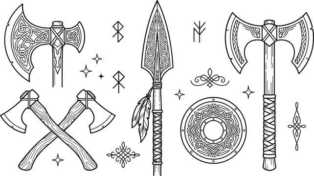 Viking warrior medieval weapons line art icons set featuring battle axes round shield spear runes and celtic ornaments