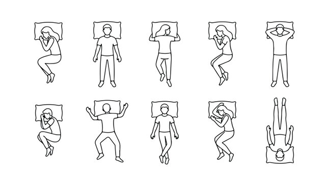 Minimalist sleeping positions vector set, line art icons of people sleeping in bed, collection of 10 human sleep posture diagrams for health infographics