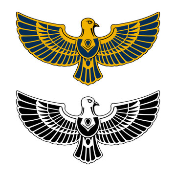 Falcon with Spread Wings. Ancient Egyptian Symbol. Color and black and white versions.