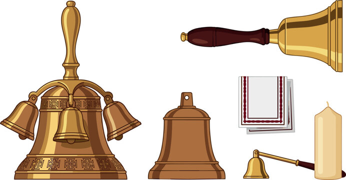 Golden Brass Altar Bell Vector Set with Handbell, Church Bells, Liturgical Candle, and Snuffer for Religious, Catholic Mass, and Christmas Designs