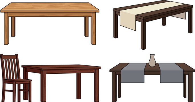Wooden Dining Table and Chair Vector Set with Modern Table Runners and Vase Decor for Interior Design, Furniture Catalogs, and Home Concepts