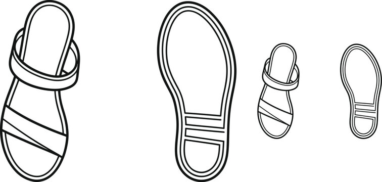 Sandals, strappy flat sandals, minimalist line art, black and white vector illustrations, footwear icons
