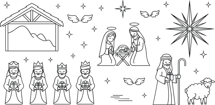 Christmas nativity scene line art icons set featuring holy family stable wise men magi shepherd sheep and stars
