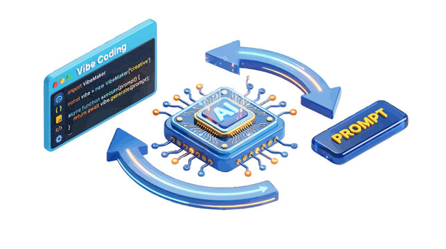 Vector illustration of aipowered vibe coding concept with prompt input and automated code generation on a transparent background