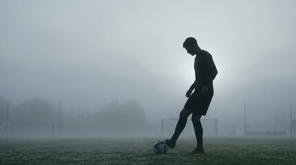 Obraz premium Silhouette of a lone soccer player practicing in a dense, atmospheric fog.