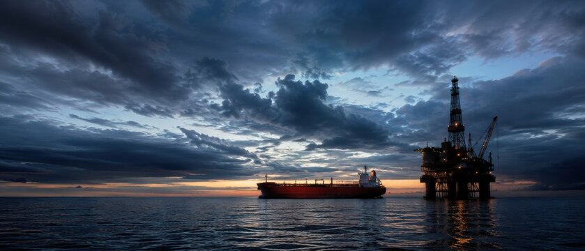 Oil rig and tanker ship at sea under dramatic cloudy sky at sunset.