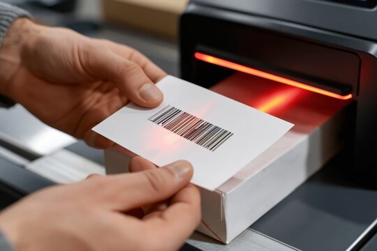 Close-up of hands holding a paper with a barcode under a red scanner light, scanning a package.