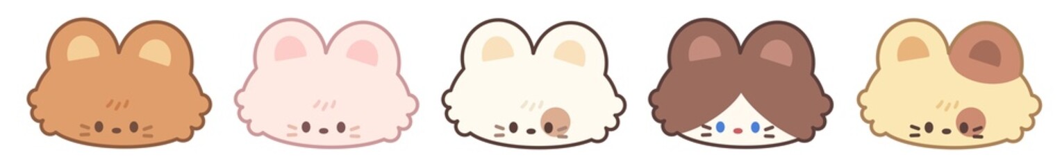 kawaii chubby cat or bear illustration set cute round face animals panda in you're house collection with transparent background