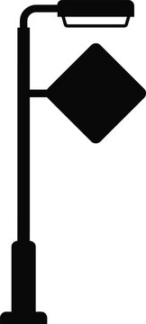 Black silhouette street lamp post with sign isolated on white background for design
