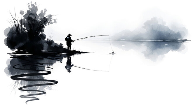 Traditional ink wash painting of a fisherman silhouette at a calm lake with reflections and misty mountains