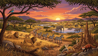 african, savanna, landscape, wildlife, sunset, animals, lion, zebra, elephant, giraffe, nature, safari, vector, eps10, illustration, wild, background, outdoor, watering, hole © Mdjoshel 