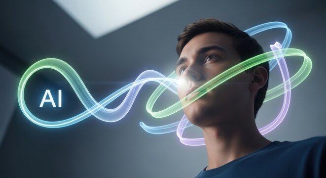 Young man looking up at glowing neon infinity symbol with ai text