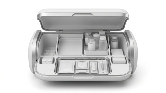 Open silver metal storage case with various compartments and medical supplies isolated on white background