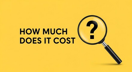 Obraz premium How much does it cost text on yellow background, magnifying glass with question mark icon, financial inquiry and pricing analysis concept