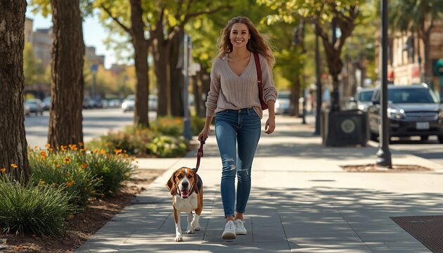 Young woman walking her dog on a city sidewalk