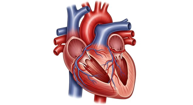 Anatomical human heart illustration showing internal chambers and valves, medical diagram of cardiac system with aorta and veins, realistic organ cross-section