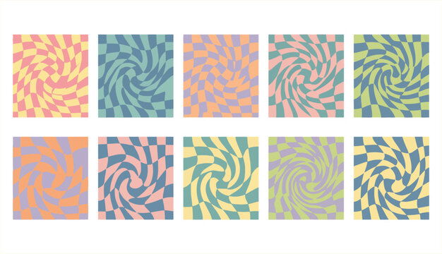 Groovy checkered seamless patterns, vintage aesthetic backgrounds, psychedelic checkerboard texture. Funky hippie fashion textile print, retro background with distorted grid tile vector pattern set
