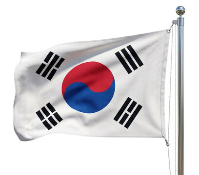 South Korean flag waving on a flagpole with Taegeuk symbol and trigrams PNG Isolated on transparent background
