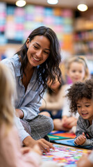 Fototapeta premium Wide shot of a teacher seated among a circle of young children on colorful floor mats in a bright classroom all engaged in a hands on group activity with colorful learning