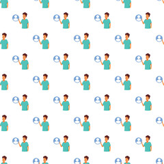 Fototapeta premium Seamless pattern with cartoon characters holding blue user avatar symbols