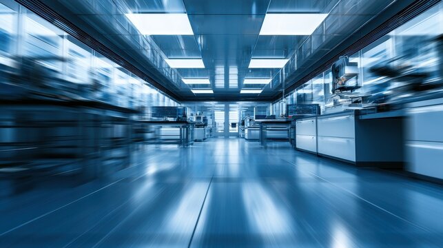 High-tech futuristic laboratory or cleanroom facility with blue lighting and motion blur effect