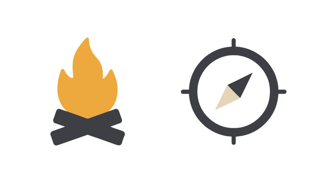 Vector icons of a combustion campfire with yellow pigments and a magnetic compass with a bisection needle