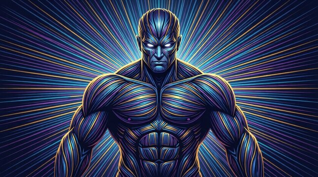 Powerful figure radiates energy with glowing blue lines. His muscular form pulses with intense, cosmic energy. Radiant beams burst outward from his body, illuminating the dark void