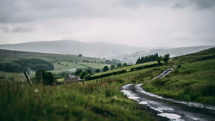Naklejka premium Rolling countryside landscape with winding road, lush green fields, and misty hills under cloudy sky