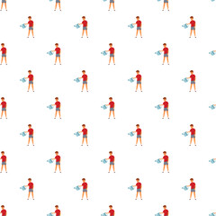 Fototapeta premium Young boy holding a watering can, creating a seamless pattern