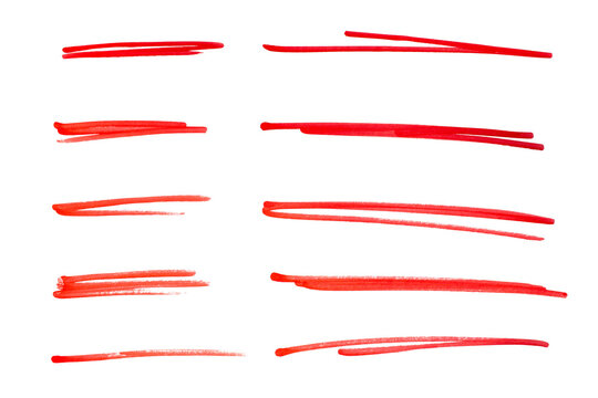 Set of hand drawn red marker line design element, grunge strokes, doodle lines underline scribble