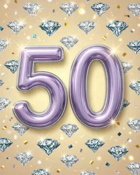 Large purple balloons shaped like 50 surrounded by diamonds and confetti on a gold background celebrating a 50th birthday.