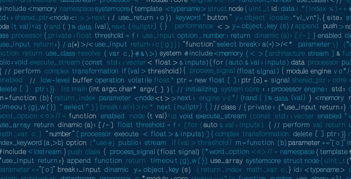Seamless computer program code wallpaper on a blue background.