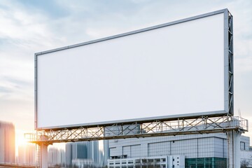 Obraz premium Large blank white billboard in a city setting with a bright sun flare and modern buildings in the background.