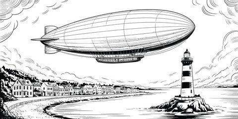 Vintage airship, zeppelin flying over lighthouse, coastal town, black and white illustration © yamin678