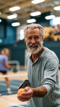 Wide shot of an older man mid game on an indoor pickleball court paddle in hand and focused expression opponent and net visible in the mid ground bright sports hall overhead