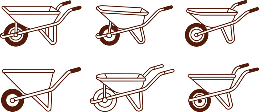 Wheelbarrow icons, construction tools, gardening equipment, brown line art, vector illustrations