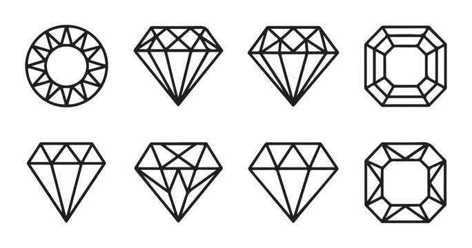 Jewelry diamond icons set with various facet shapes and cuts for gemstone design in outline style.