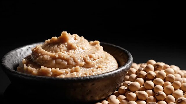 Traditional miso paste in bowl with dry soybeans.
