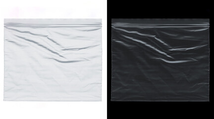 Transparent plastic texture set, wrinkled polyethylene bag mockup on white and black background, clear zip lock packaging material for design overlay © Helal