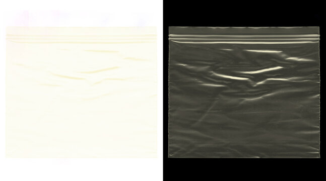 Crumpled plastic texture overlay, wrinkled transparent cellophane film on black and white backgrounds, distressed poly bag material for graphic design