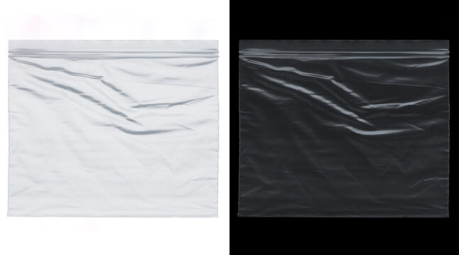 Transparent plastic texture set, wrinkled polyethylene bag mockup on white and black background, clear zip lock packaging material for design overlay