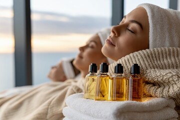 Fototapeta premium Two women relaxing at a spa with essential oil bottles and a serene ocean view at sunset.